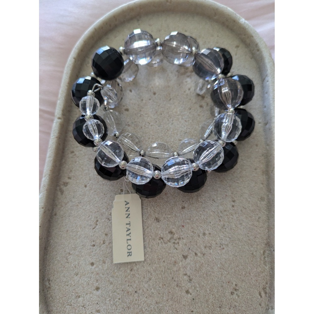 NEW Ann Taylor Wrap Bracelet In Clear And Black Faceted Beads Chunky Glam